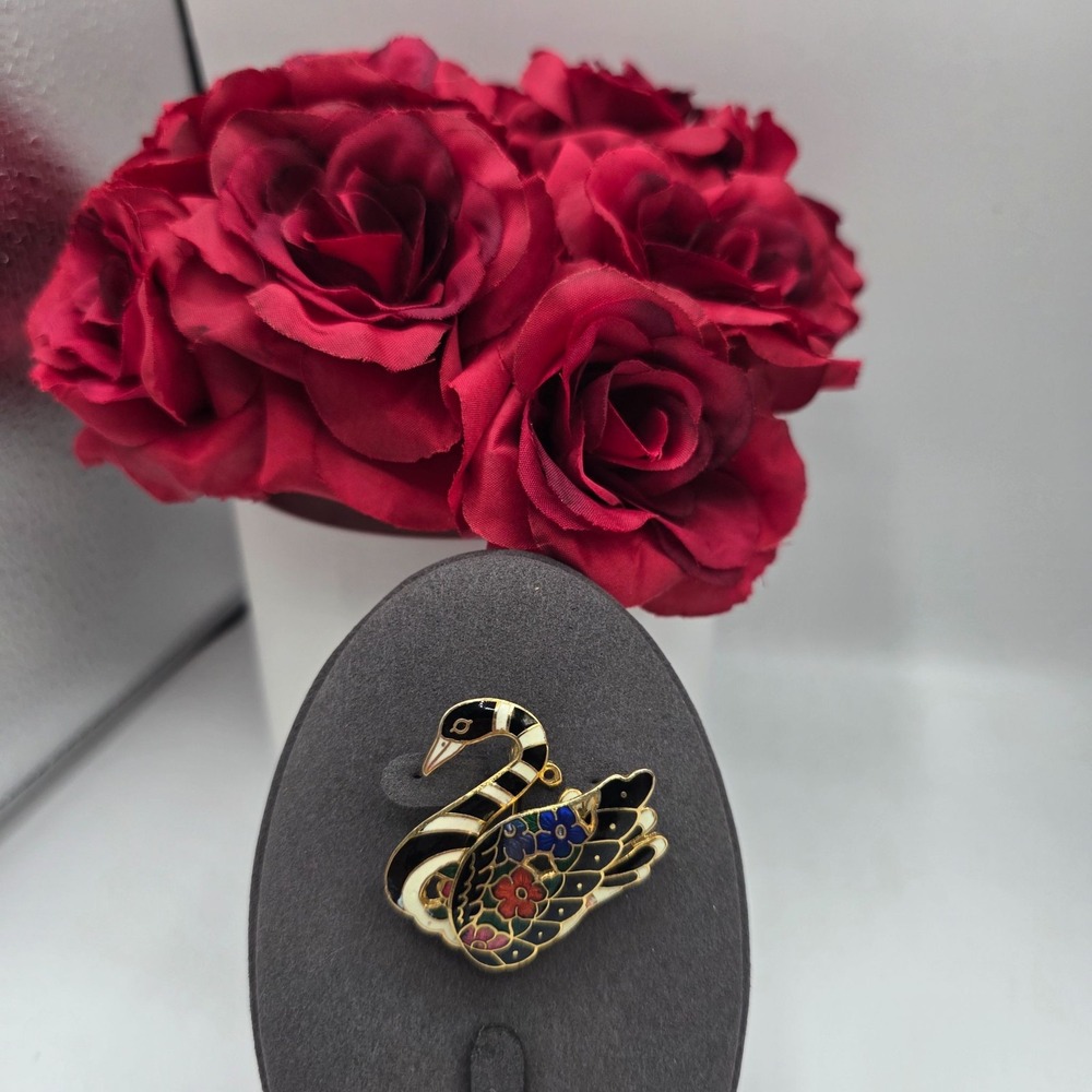 Vintage Enamel Cloisonne Swan Brooch Black Floral Design Gold Tone Pin Jewelry